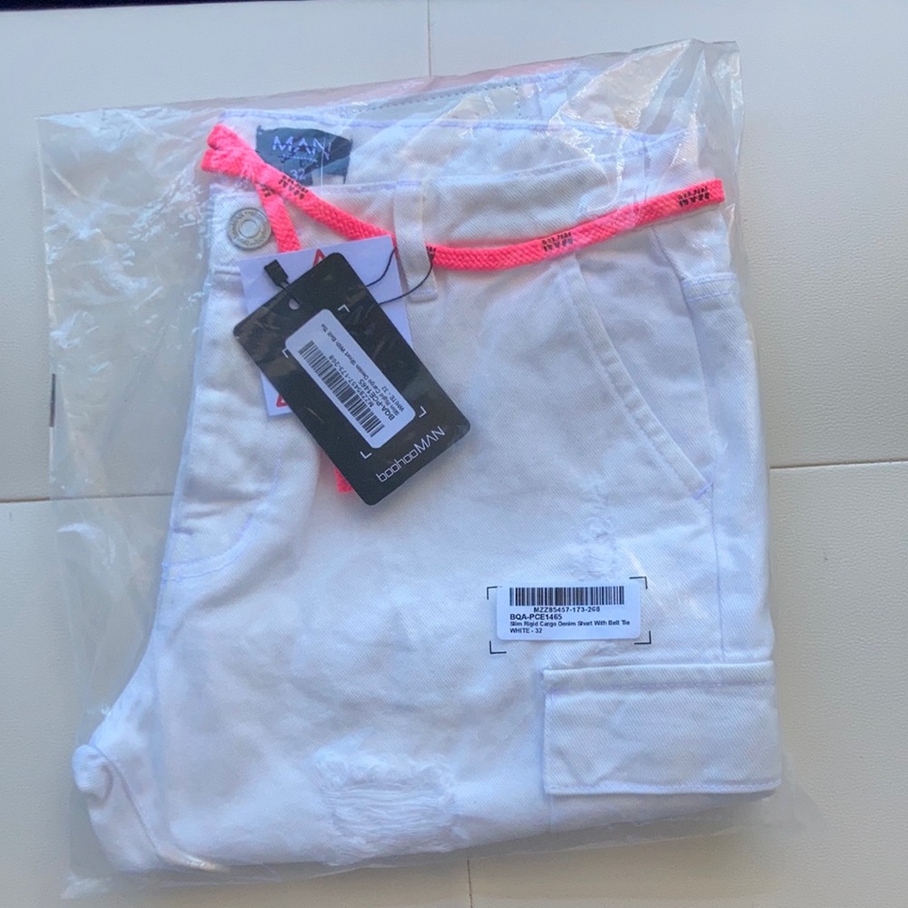 BoohooMAN slim rigid Cargo Denim Jean Shorts.